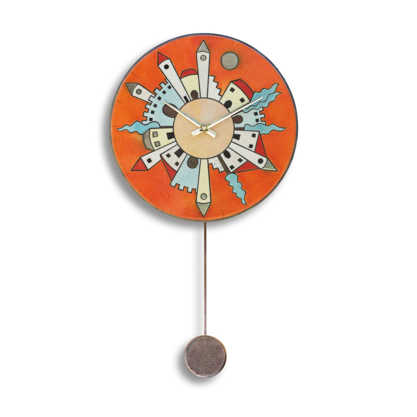 Orologio artigianale da parete in ceramica Raku design Città Radiale - Diametro 35 cm