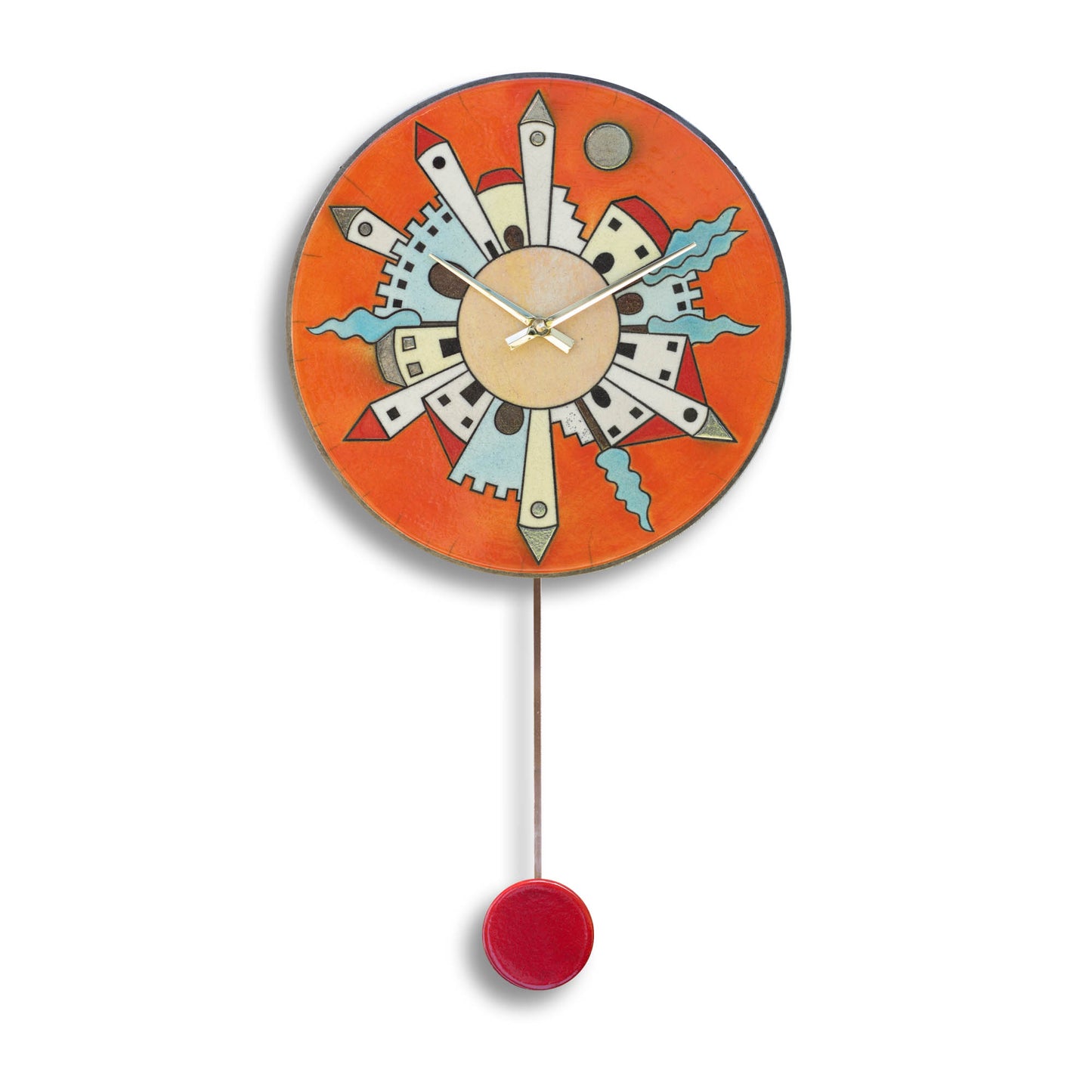 Orologio artigianale da parete in ceramica Raku design Città Radiale - Diametro 35 cm