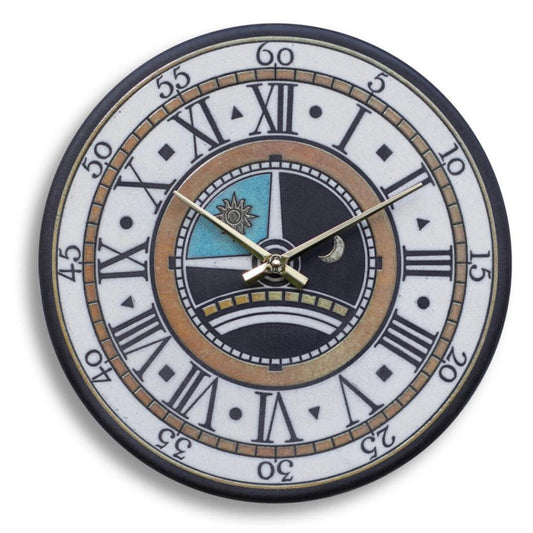 Orologio artigianale da parete in ceramica Raku design Sole & Luna - Diametro 35 cm