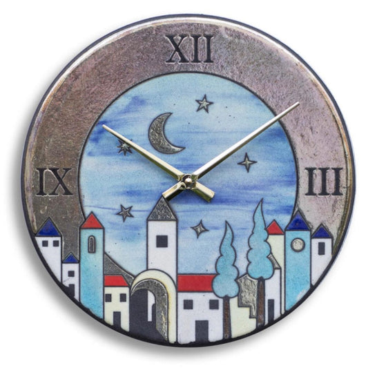 Orologio artigianale da parete in ceramica Raku design Città Sognante - Diametro 29 cm