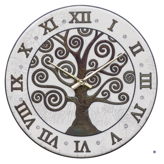 Orologio artigianale da parete in ceramica Raku design Albero delle Spirali - Diametro 35 cm