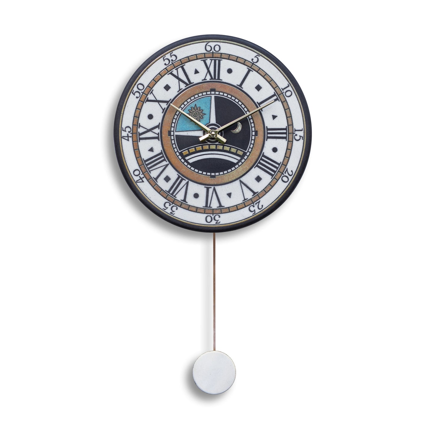 Orologio artigianale da parete in ceramica Raku design Sole & Luna - Diametro 35 cm
