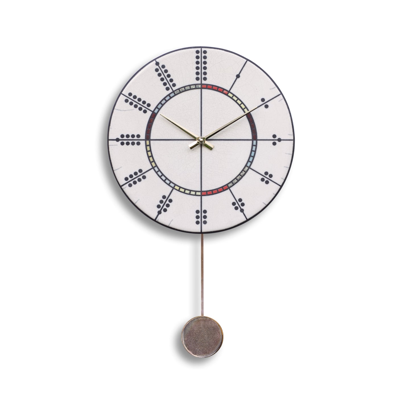 Orologio artigianale da parete in ceramica Raku design Domino Cromatico - Diametro 29 cm