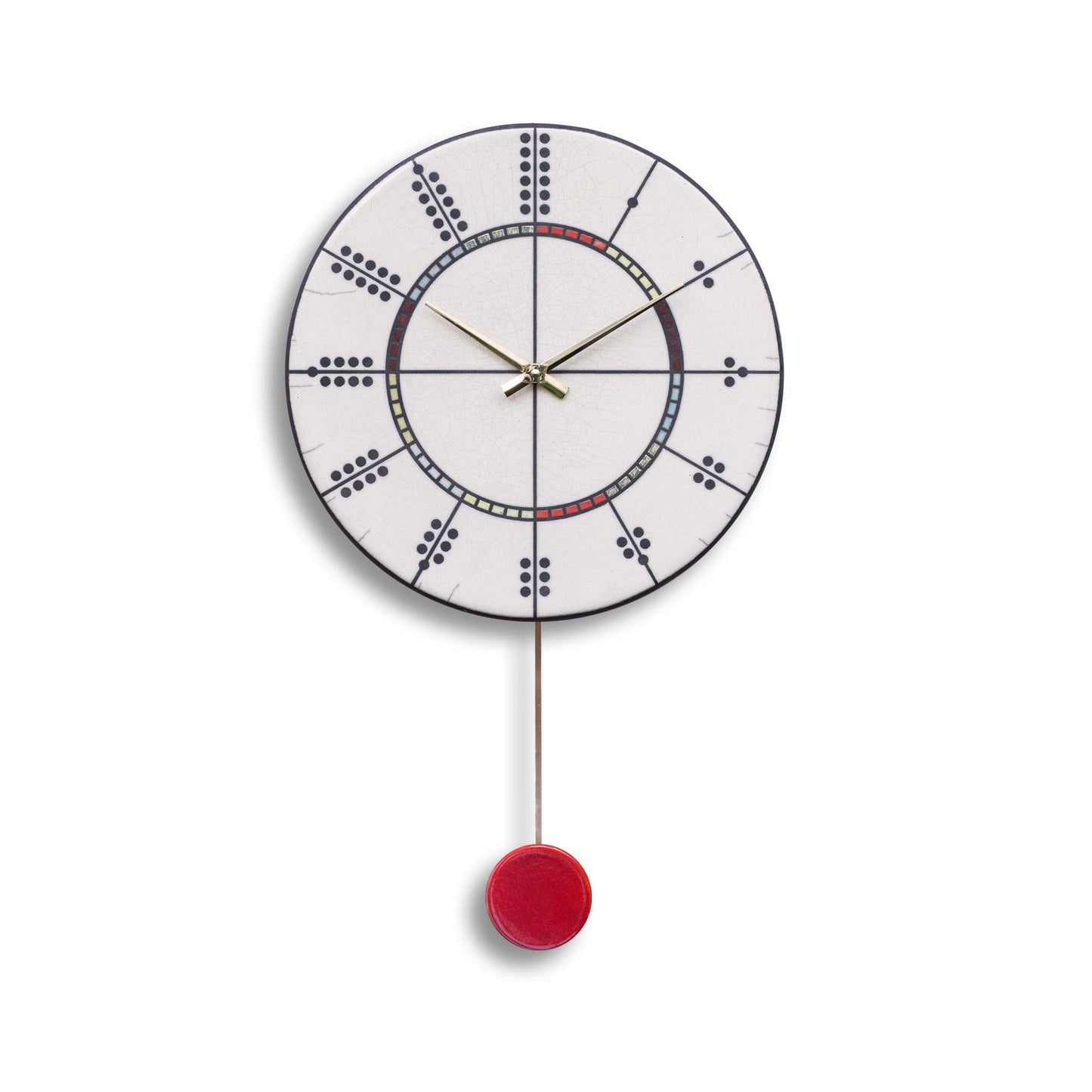 Orologio artigianale da parete in ceramica Raku design Domino Cromatico - Diametro 29 cm