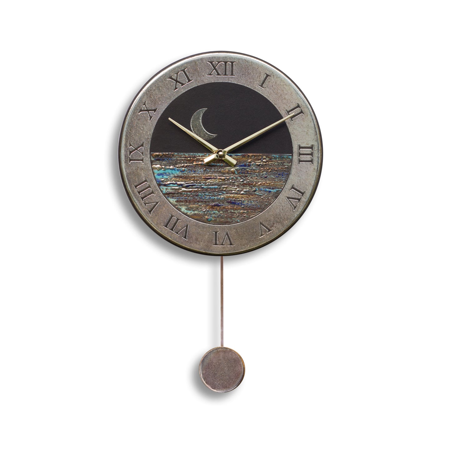 Orologio artigianale da parete in ceramica Raku design Luna e Orizzonte - Diametro 29 cm