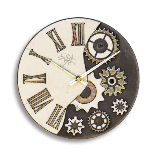 Orologio artigianale da parete in ceramica Raku design Steampunk Duality - Diametro 29 cm