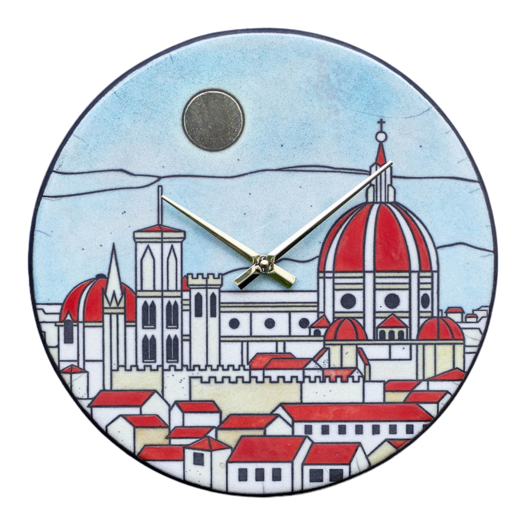 Orologio artigianale da parete in ceramica Raku design Cupola Fiorentina - Diametro 35 cm