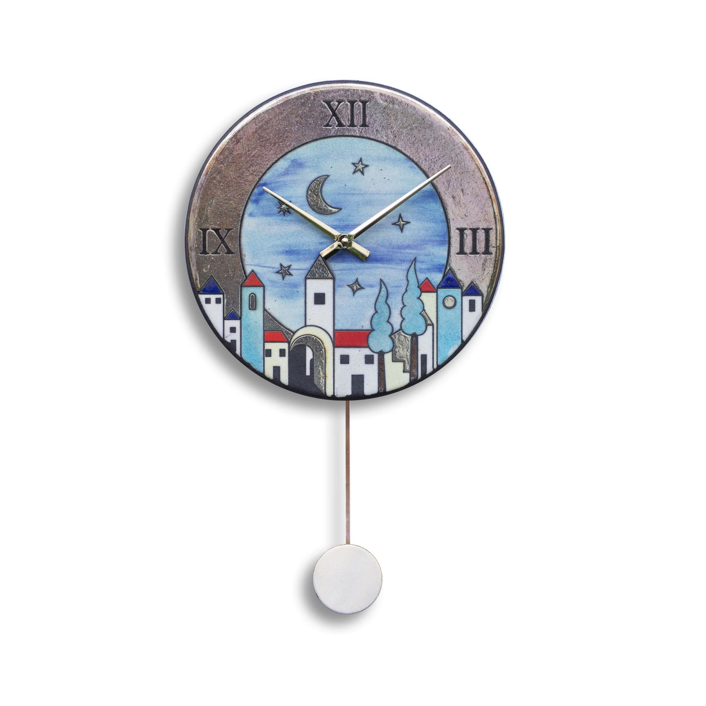 Orologio artigianale da parete in ceramica Raku design Città Sognante - Diametro 29 cm