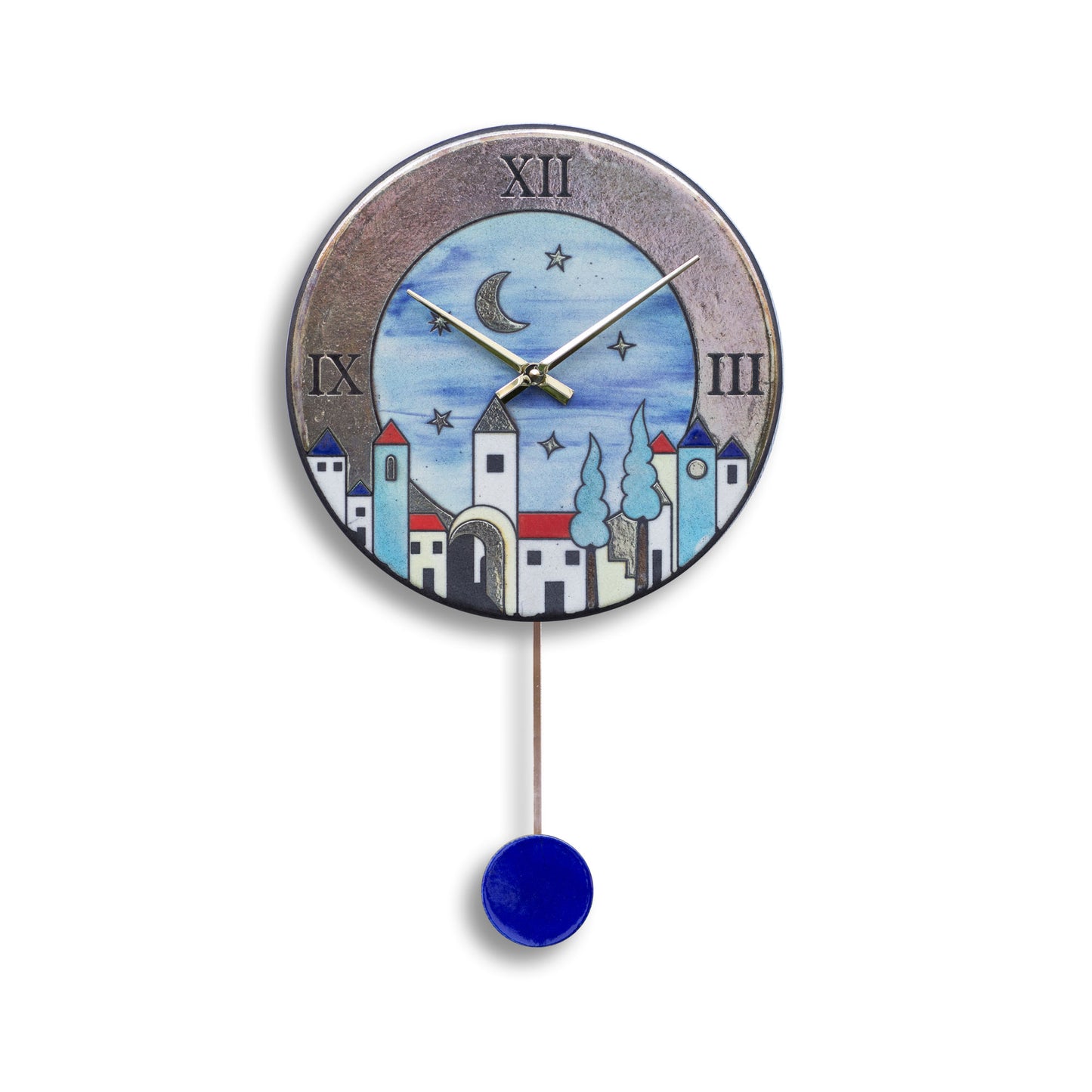Orologio artigianale da parete in ceramica Raku design Città Sognante - Diametro 29 cm