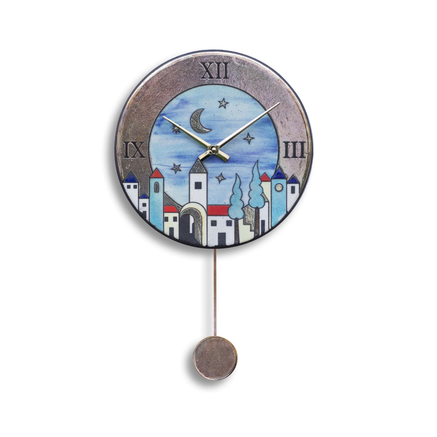 Orologio artigianale da parete in ceramica Raku design Città Sognante - Diametro 29 cm