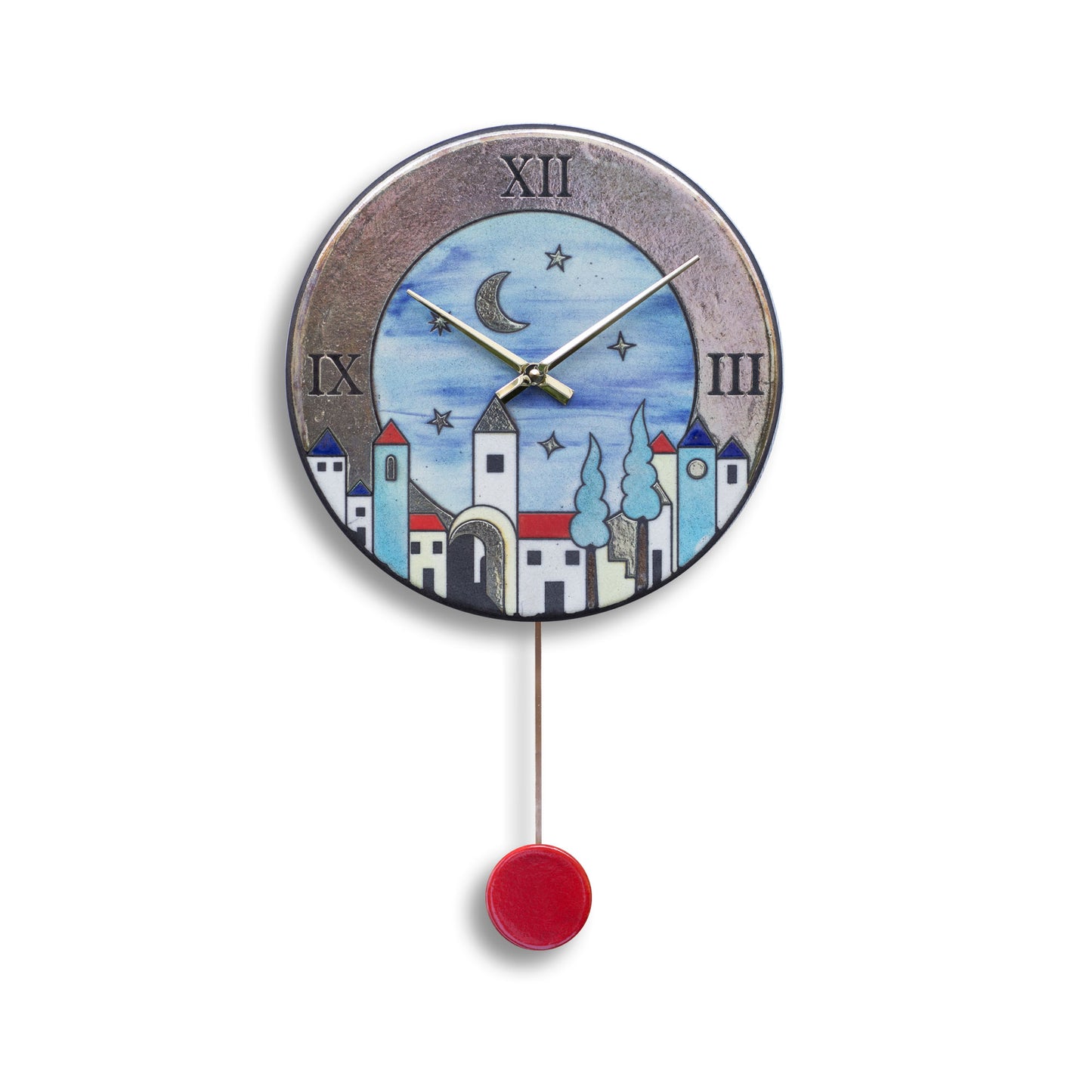 Orologio artigianale da parete in ceramica Raku design Città Sognante - Diametro 29 cm