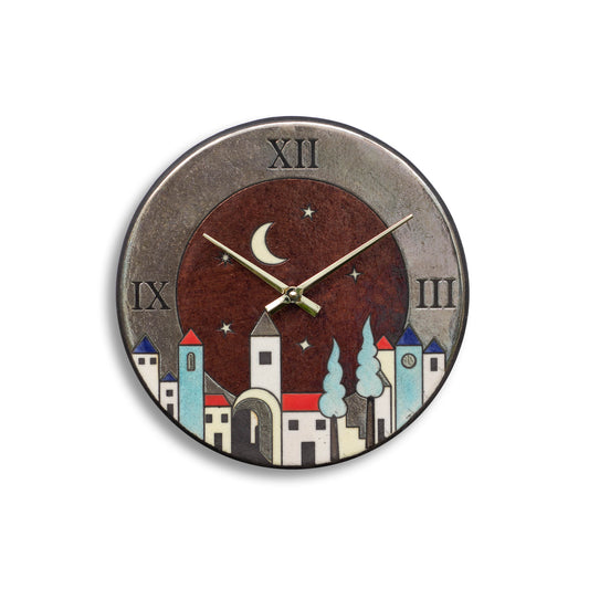 Orologio artigianale da parete in ceramica Raku design Notte nel Borgo - Diametro 29 cm