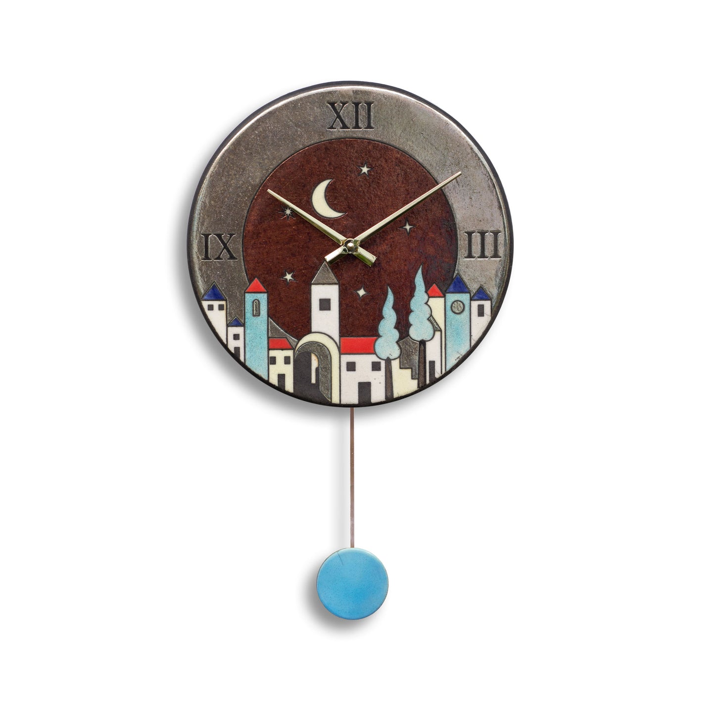 Orologio artigianale da parete in ceramica Raku design Notte nel Borgo - Diametro 29 cm