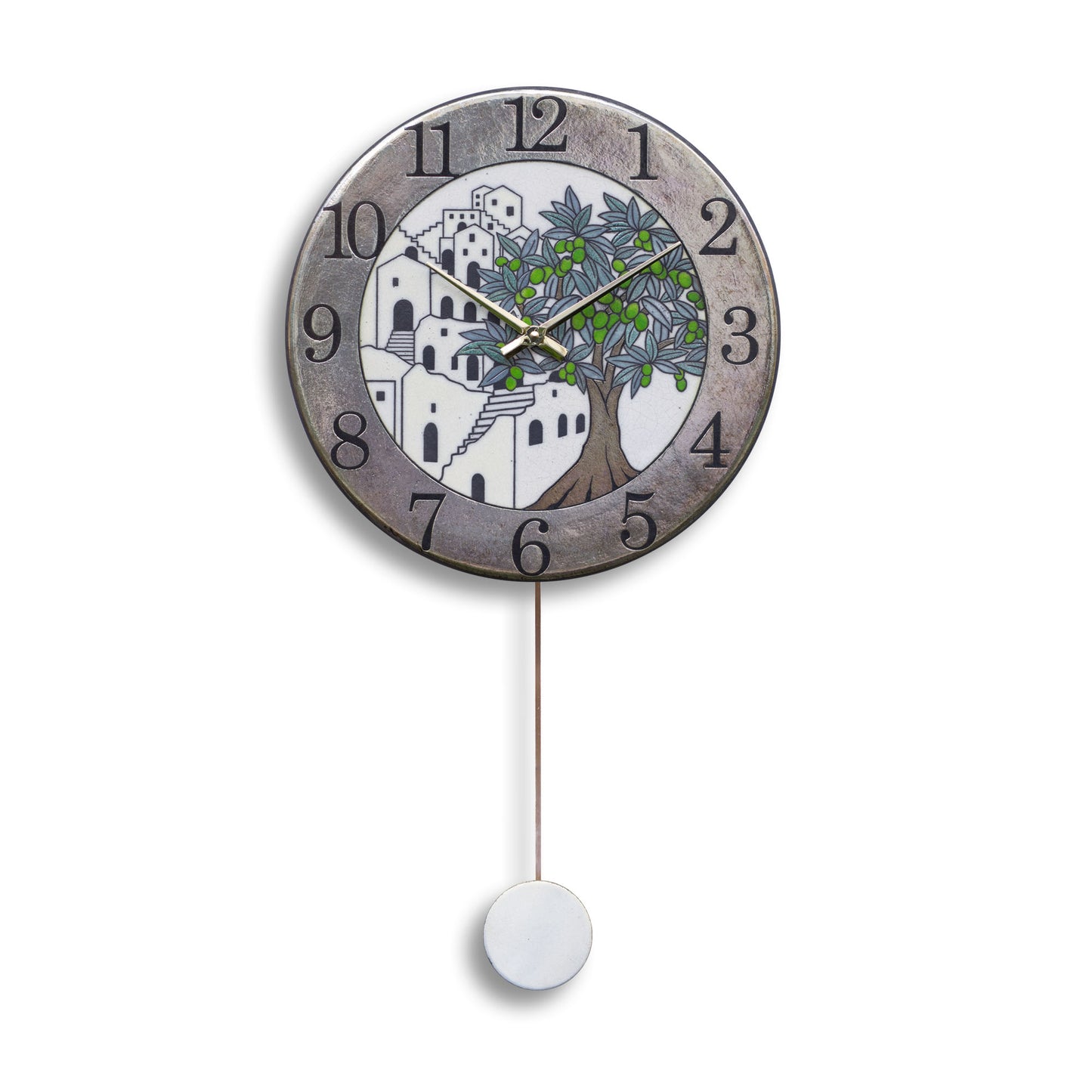 Orologio artigianale da parete in ceramica Raku design Mediterraneo d’Ulivo - Diametro 35 cm