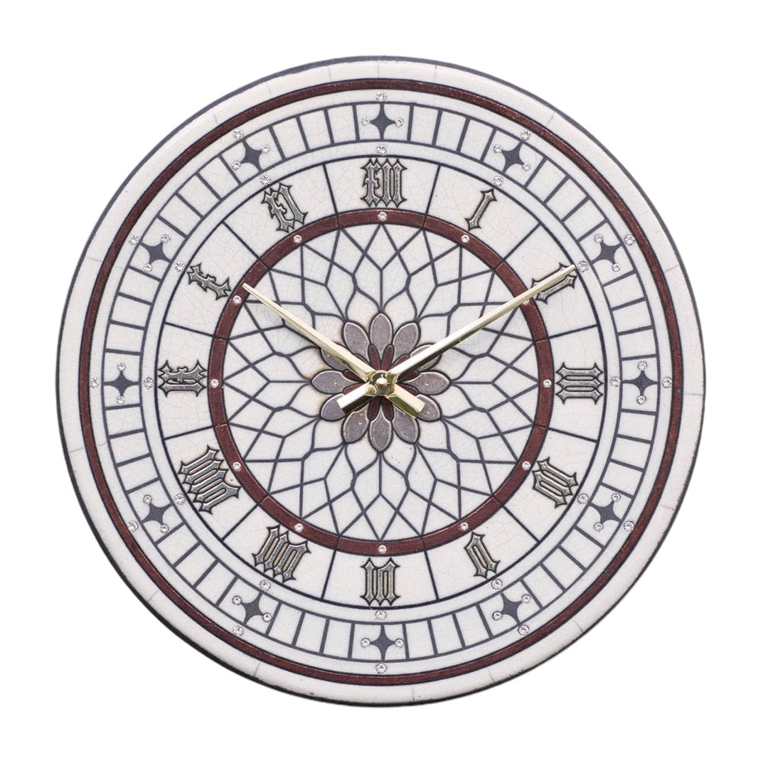 Orologio artigianale da parete in ceramica Raku design Rosone Celeste - Diametro 35 cm