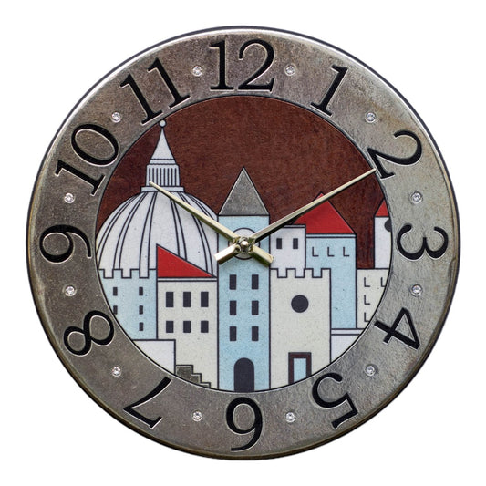 Orologio artigianale da parete in ceramica Raku design Città Preziosa - Diametro 35 cm