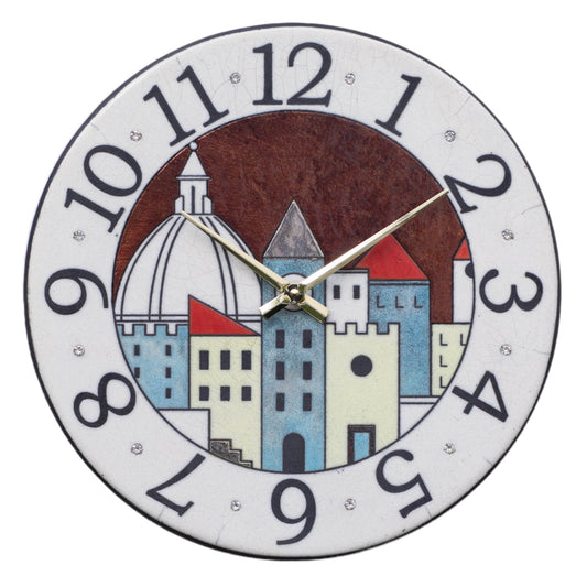 Orologio artigianale da parete in ceramica Raku design Città Incantata - Diametro 35 cm