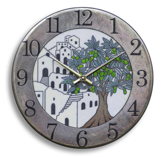 Orologio artigianale da parete in ceramica Raku design Mediterraneo d’Ulivo - Diametro 35 cm